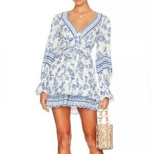 NWT HEMANT and Nandita V neck Floral Print Mini dress in cobalt and white size M